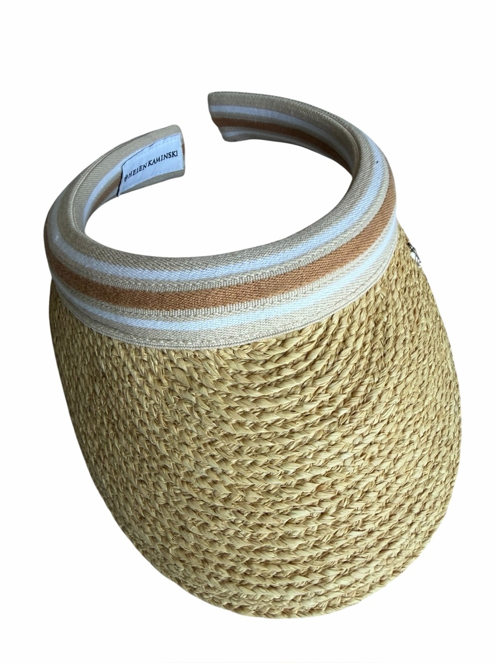 Helen Kaminski Straw Visor with Cream and Tan Striped Band
